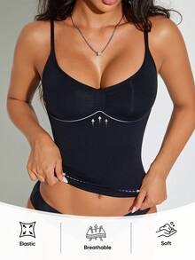 1pc Women's Basic Camisole Shapewear, Autumn/Winter Casual Black Summer - Black - View 2