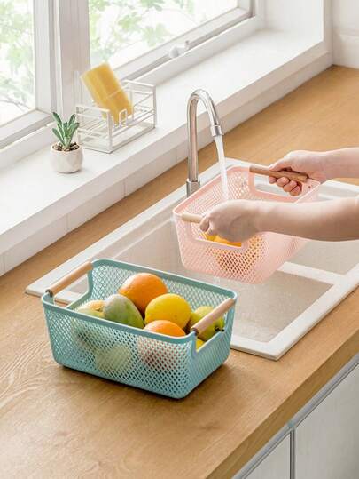 Drainable Kitchen Storage Basket With Handle Multi-Function Stackable Portable Organizer Bin With Drain Holes For Countertop Pantry Bathroom Vanity Desktop Fruit Vegetable Daily Supplies Cosmetics Stationery Home Storage Supplies