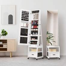 66" Full-Length Standing Mirror With Jewellery Cabinet, 360° Swivel Makeup & Accessory Organiser, Lockable Door, Bottom Drawer & Rear Storage Shelves - White - View 3