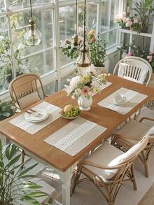 ABEST6522 Home&Living store Polyester Linen Blend Textured Table Runner, White Hollow Crochet Lace Patchwork, Vintage Woven Floral Lace Tablecloth, Farmhouse Style Dining Room Kitchen Wedding Party Decor Table Runner - Beige - View 9