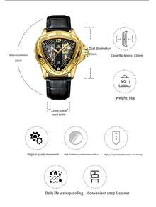 1pc Men's Gold Hollow Automatic Mechanical Watch, Luminous Pointer, Leather Strap, Fashion Business Gift Watch - Gold - View 6