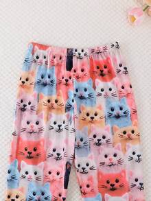 Set de 2 piezas de pijama informal para niñas con estampado de gato en el cuello y manga larga, y pantalones. Resistente a las llamas, para todas las estaciones - Multicolor - Ver 9