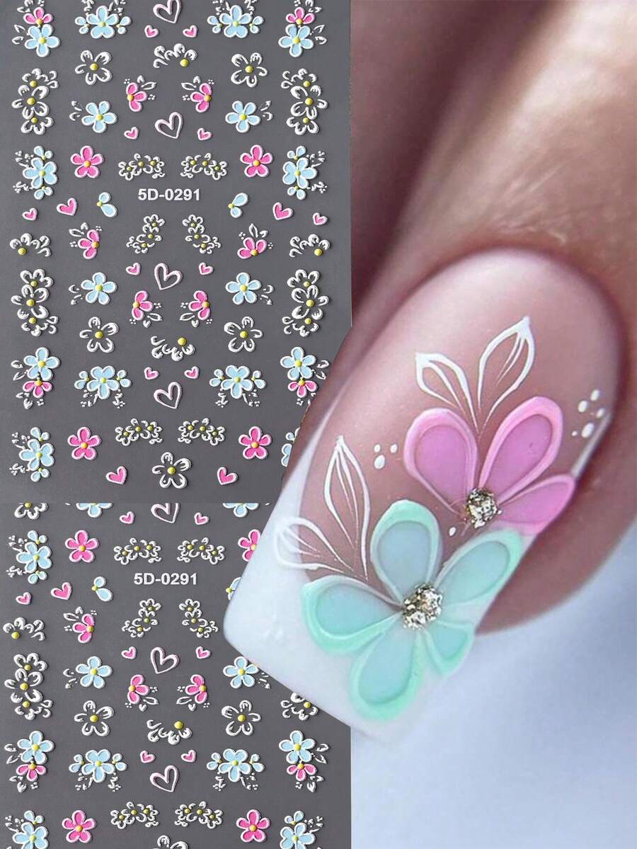 2 Sheets 5D Colorful Flower Nail Stickers, Butterfly & Rose Design, Spring/Summer Nail Art Decals, Slider Embossed Nail Decorations, DIY Nail Supplies