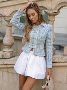 Women's Elegant Light Blue Tweed Double Breasted Short Overcoat - Blue - View 3