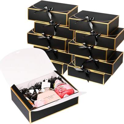 10pcs Black Edged Lid Gift Boxes, Luxury Black Ribbon Gift Boxes, Groomsman Proposal Boxes, Birthday Boxes, Wedding Boxes, Gift Boxes, Party Boxes, Bridesmaid Boxes, Graduation Gifts, Valentine's Day Boxes