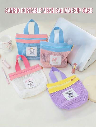 Sanrio Mesh Makeup Bag, Portable And Cute, Transparent Design For Easy Item Location, Features Fine Mesh Fabric With Smooth Zipper, Includes Character Patches, Available In Multiple Colors, Ideal For Travel And Daily Use, Suitable For Girls And Women, Perfect For Cosmetics And Toiletries Storage, Enhance Your Beauty Routine With This Adorable And Functional Accessory