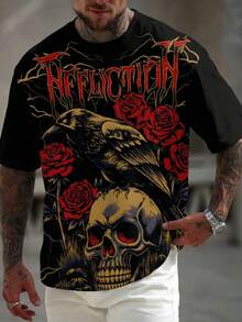 男士暗黑骷髅、乌鸦、红玫瑰印花短袖T恤，街头朋克宽松版型 - 彩色 - 查看 1