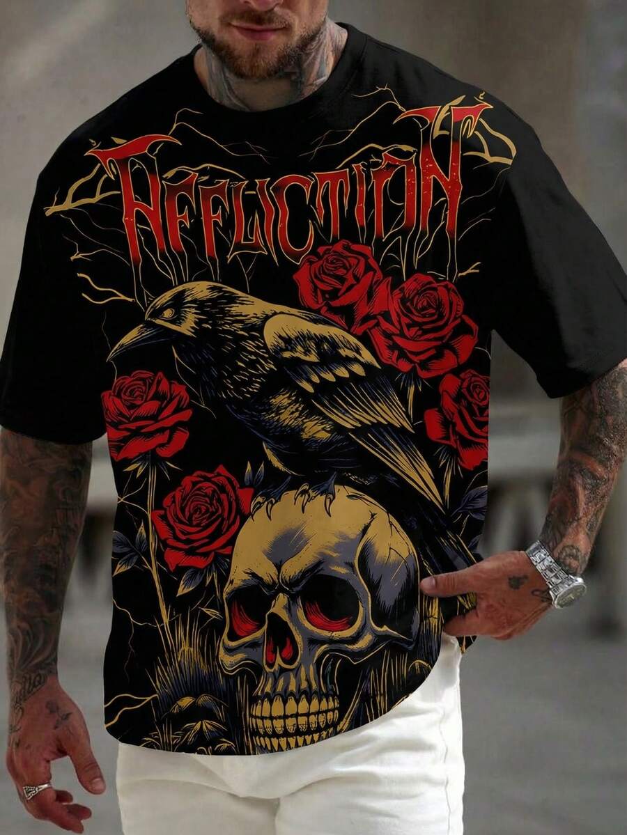 男士暗黑骷髅、乌鸦、红玫瑰印花短袖T恤，街头朋克宽松版型 - 彩色 - 查看 1
