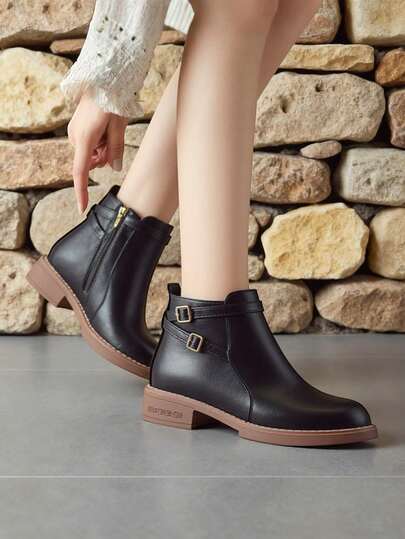 Botines británicos para mujer, botines de tacón bajo con hebilla, botines de suela gruesa para mujer, botas de moda para mujer. Botas de mujer, botas vaqueras para mujer, botas de moda para mujer, botines de combate con cordones para mujer.