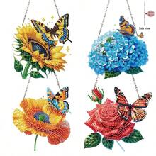 4pcs Butterfly & Flower Pattern Diamond Painting Desk Decor Set, 5D DIY Diamond Art Desktop Decoration, Gemstone Inlay Craft For Home, Bedroom - View 1