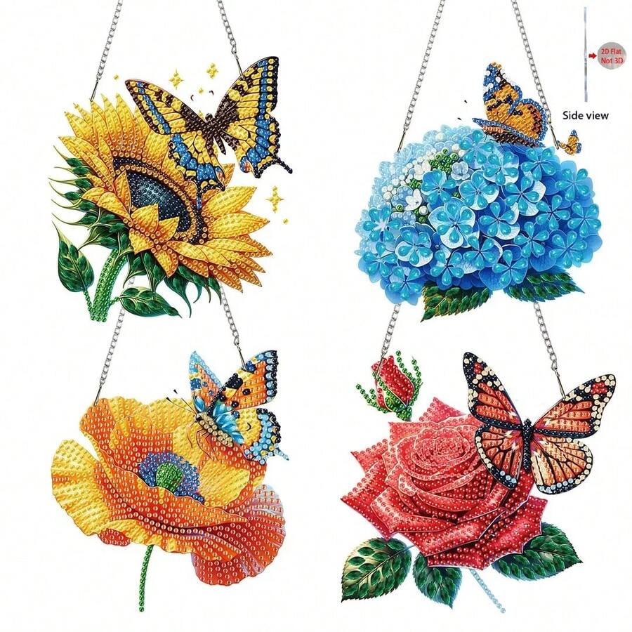 4pcs Butterfly & Flower Pattern Diamond Painting Desk Decor Set, 5D DIY Diamond Art Desktop Decoration, Gemstone Inlay Craft For Home, Bedroom - View 1
