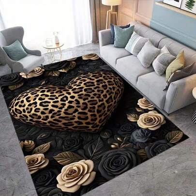 1pc Leopard Print Heart & Floral Creative Carpet, Outdoor Rug, Camping Mat, Patterned Rug, Modern Stylish Carpet, INS Style Rug, Home & Outdoor Decor Carpet, Suitable For Living Room, Dining Room, Home, Office, Patio, Backyard, Bedroom, Kitchen, Bathroom, Closet
