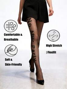 1 Pc Women's Black Pantyhose With Letter Print – Sheer Tights, Lightweight For Summer Daily Wear - Black - View 4