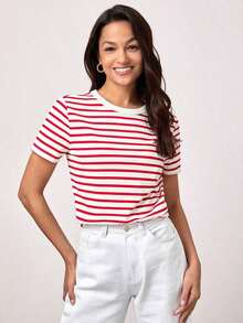 SHEINBASICSS Camiseta con Estampado de Rayas/Verano - Rojo y blanco - Ver 6