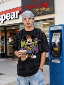 Disney Vintage Washed 230g Casual T-Shirt | Streetwear Style  Cartoon Print Short Sleeve - 黑色 - 查看 1