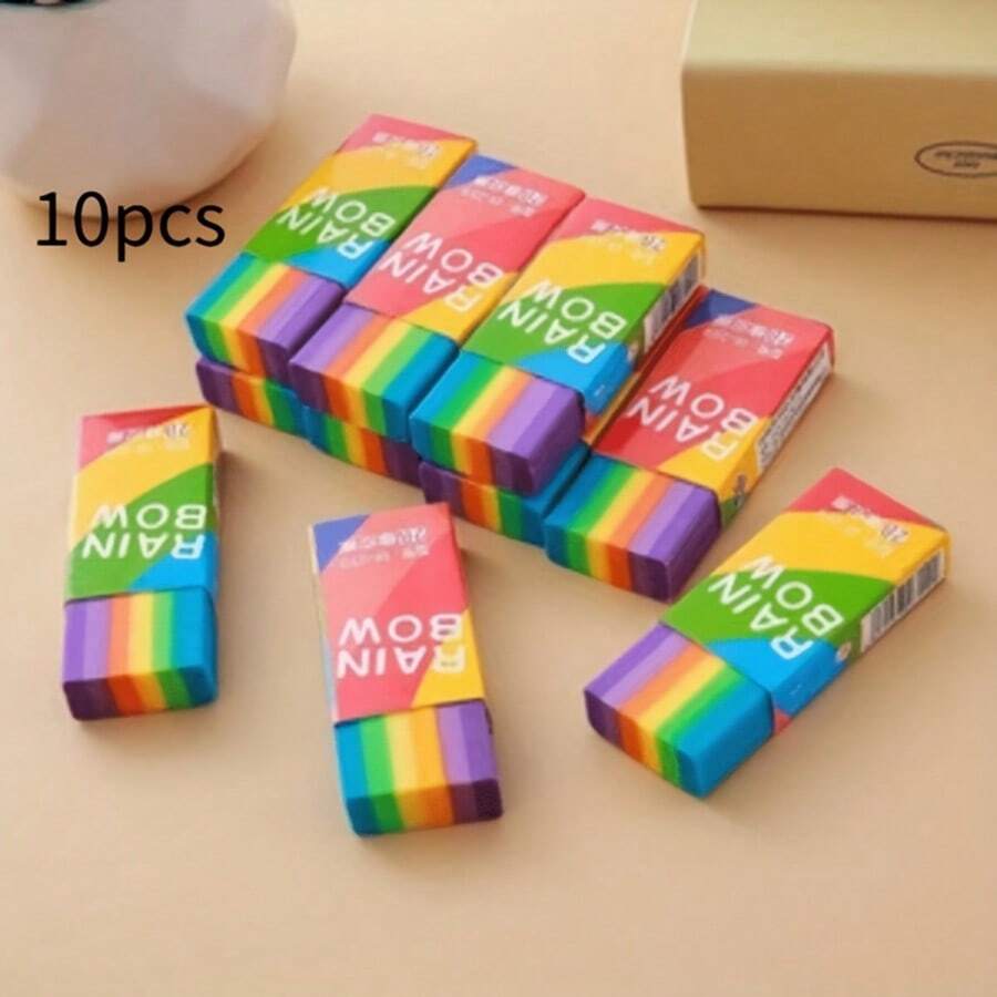 10pcs/Set Rainbow 2B Pencil Erasers, Cute, Fun, Suitable For Gifts, Prizes, Christmas, Halloween Gifts - Multicolor - View 1