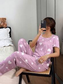 Dreamivo Women's Heart Pattern Knit Pajama Set, Top And Pants - Pink - View 2