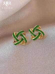 1 Pair Minimalist Elegant Knotted Glazed Design Earrings, Versatile For Casual, Gathering, Party Wear - Green - View 1