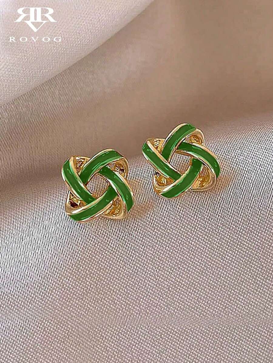 1 Pair Minimalist Elegant Knotted Glazed Design Earrings, Versatile For Casual, Gathering, Party Wear - Green - View 1