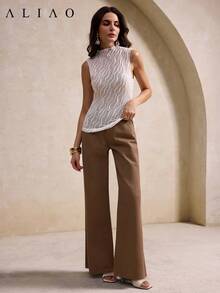 Aliao Delicate Knitted Jacquard 3D Wavy See-Through Sleeveless Turtle Neck Top, Elegant Everyday Wear, Old Money Style, Valentine's Day Outfit, Wedding Season, Eye-Catching Outfits, New Year, Spring Outfit For Women, Summer, Vacation Outfits Women, Court Style, Beach Outfit, Thanksgiving Outfit, Graduation Casual White - White - View 7