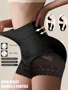 SEXYEYE Seamless High Waist Shaping Panties Women's Lace Tummy Control Panty Slimming Waist Trainer Sheath Flat Belly Underwear Butt Lifting Shapewear - 黑色 - 查看 1