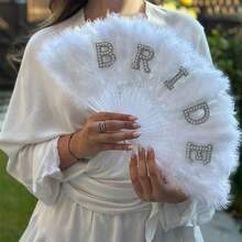 Elegant Pearl Inlaid Bridal Fan, Suitable For Brides-To-Be, Non-Foldable Handheld Style, Applicable For Weddings And Bachelorette Parties - Multicolor - View 2