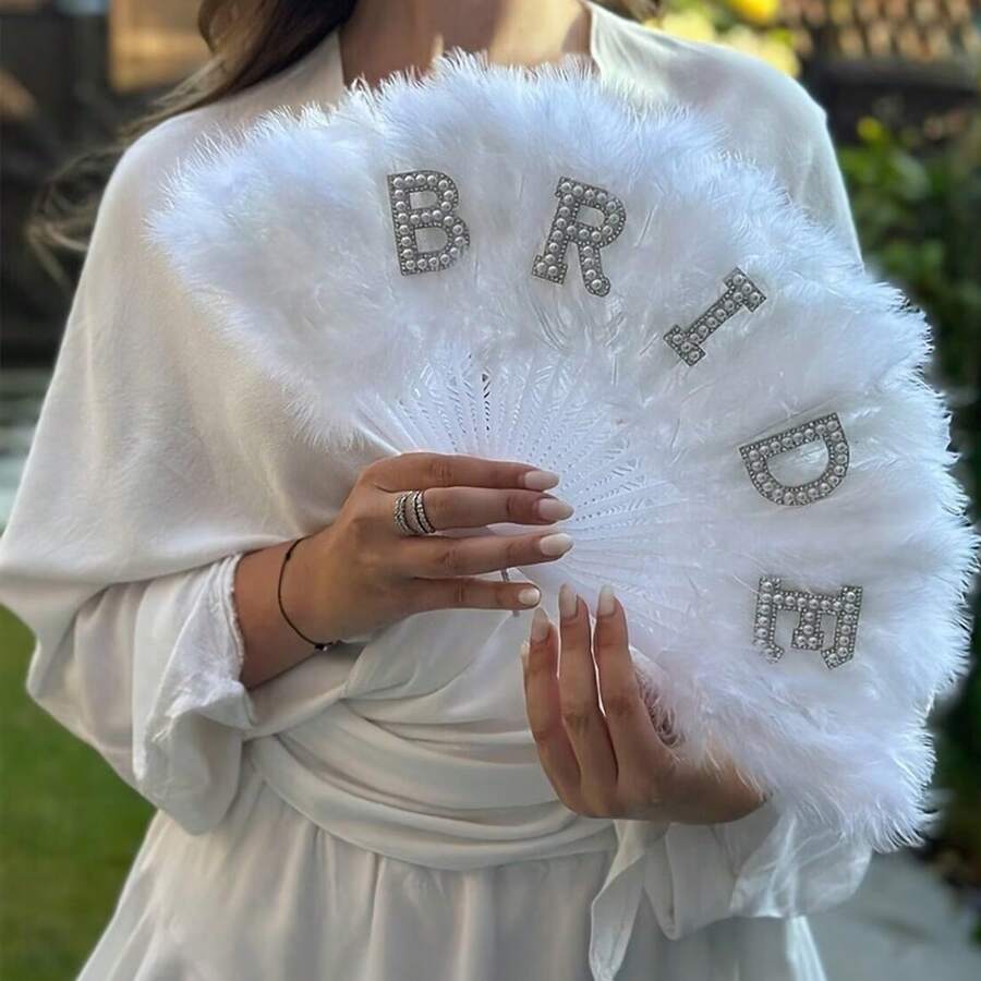 Elegant Pearl Inlaid Bridal Fan, Suitable For Brides-To-Be, Non-Foldable Handheld Style, Applicable For Weddings And Bachelorette Parties