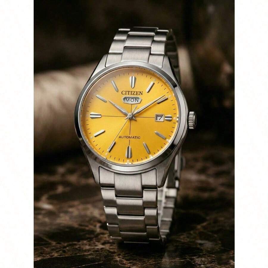 CITIZEN Đồng hồ cơ tự động cổ điển dành cho nam, vỏ thép không gỉ, hiển thị ngày, kiểu dáng tối giản, chống nước, phù hợp cho công sở. NH8391-51Z - Màu vàng - Xem 1