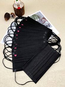 Black 3-Layer Non-Woven Face Mask With Heart Print, Fashionable Disposable Protective Mask For Daily Use, 10Pcs - Black Black Black - View 5