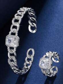 两件套时尚小众高端合成锆石镶嵌多功能开口手镯戒指套装，适合女性日常佩戴和馈赠 - 手鐲戒指套裝 - 查看 7