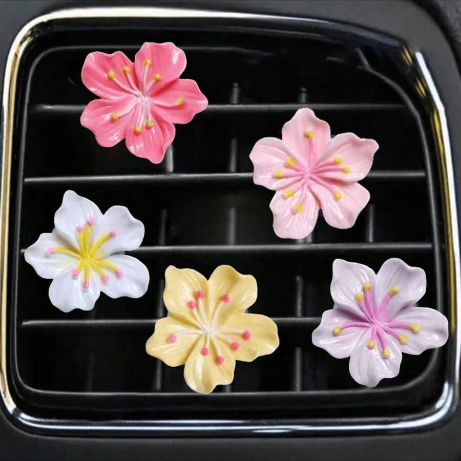 5pcs Random Color Resin Cherry Blossom Car Air Vent Clip, Interior Decor - Small Flower Air Vent Clip - View 1