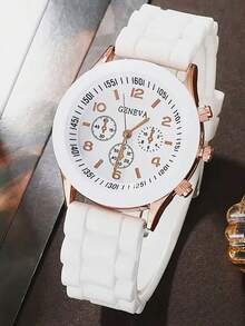 2pcs Simple Casual Women's Quartz Watches, Fresh And Sweet Style Women's Quartz Watch Set, Including A White Silicone Strap Watch With A White Dial And Rose Gold Numeral Markings; White Heart Rose Gold Chain Women's Bracelet, Featuring A Fresh White Peach Color Scheme With A Romantic Heart Element. - White - View 6