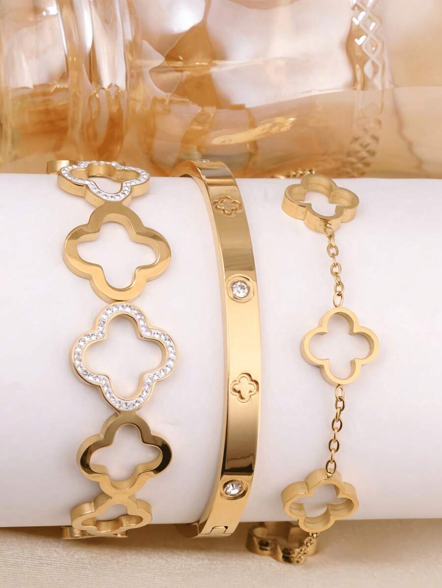 Vòng tay thép không gỉ đính đá Zirconia hình cỏ bốn lá sang trọng, thời trang, phù hợp để đeo hàng ngày, hẹn hò và dự tiệc. - Vàng - Xem 1