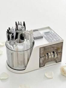 1pc Small/Large Revolving Cylinder Storage Box With Drawer For Desktop Stationery & Desk Organization, Office Pen Holder Shelf - White - View 3