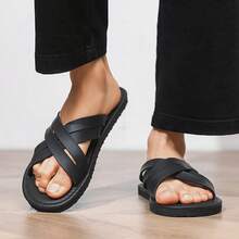 Dép lê da đen đơn giản dành cho nam năm 2026, dép đi ngoài trời chất lượng cao, đế mềm, đa năng, có thể mang nhiều lớp. - màu đen - Xem 7