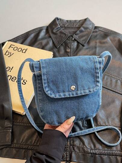 1个牛仔蓝/做旧灰+按扣翻盖装饰牛仔布手提包，便携式单肩/斜挎复古休闲风，适合春夏外出、日常通勤、休闲穿着，女生和学生适用