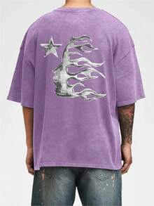 Men's Printed Pattern Washed T-Shirt - Casual Loose Summer T-Shirt With Star And Flame Design, Adult Brown 100% Pure Cotton Round Neck Shirt, Breathable T-Shirt |   Avant-Garde Casual Wear |   100% Pure Cotton Printed T-Shirt - 紫色 - 查看 2