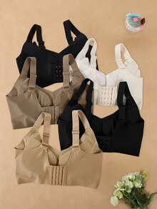 5-Piece Plus Size Bra, Seamless Breathable Wireless Sports Bra For Women - Full Coverage Design, Anti-Slip Material, With Lifting And Support Functions, Comfortable To Wear, Ribbed Details, Made Of Nylon And Elastic Fiber Blend, Hand Wash. Elegant Solid Color Design.Plus Size Lingerie - Multicolor - View 5