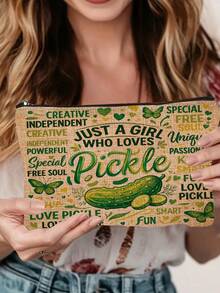 1pc "Just A Girl Who Loves Pickle" Printed Cosmetic Bag, Modern Polyester Lightweight Travel Organizer - Multicolor - View 2