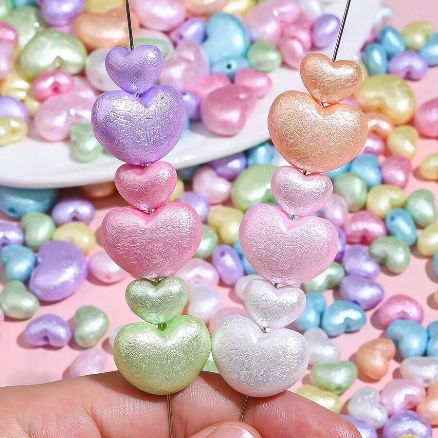 20/50pcs 10/16mm Acrylic Macaron Color Heart Shaped Spacer Beads, Unique Crinkle Leather Design, Suitable For Jewelry Making Bracelets Necklaces Earrings DIY Beads, Pen Chain Belt Handicrafts