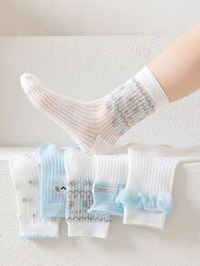 5 đôi tất mùa hè mới, mỏng, thanh lịch kiểu công chúa cho bé gái, tất cổ ngắn bằng lưới màu xanh dương và trắng cho trẻ nhỏ. - Nhiều màu - Xem 2