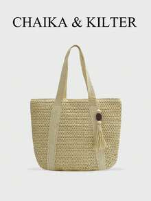 CHAIKA & KILTER 纯色单肩包，女士度假休闲大容量手提包，沙滩包，镂空草编，双提手设计，拉链封口，适合日常通勤和度假（附赠吊坠） - 米色 - 查看 2