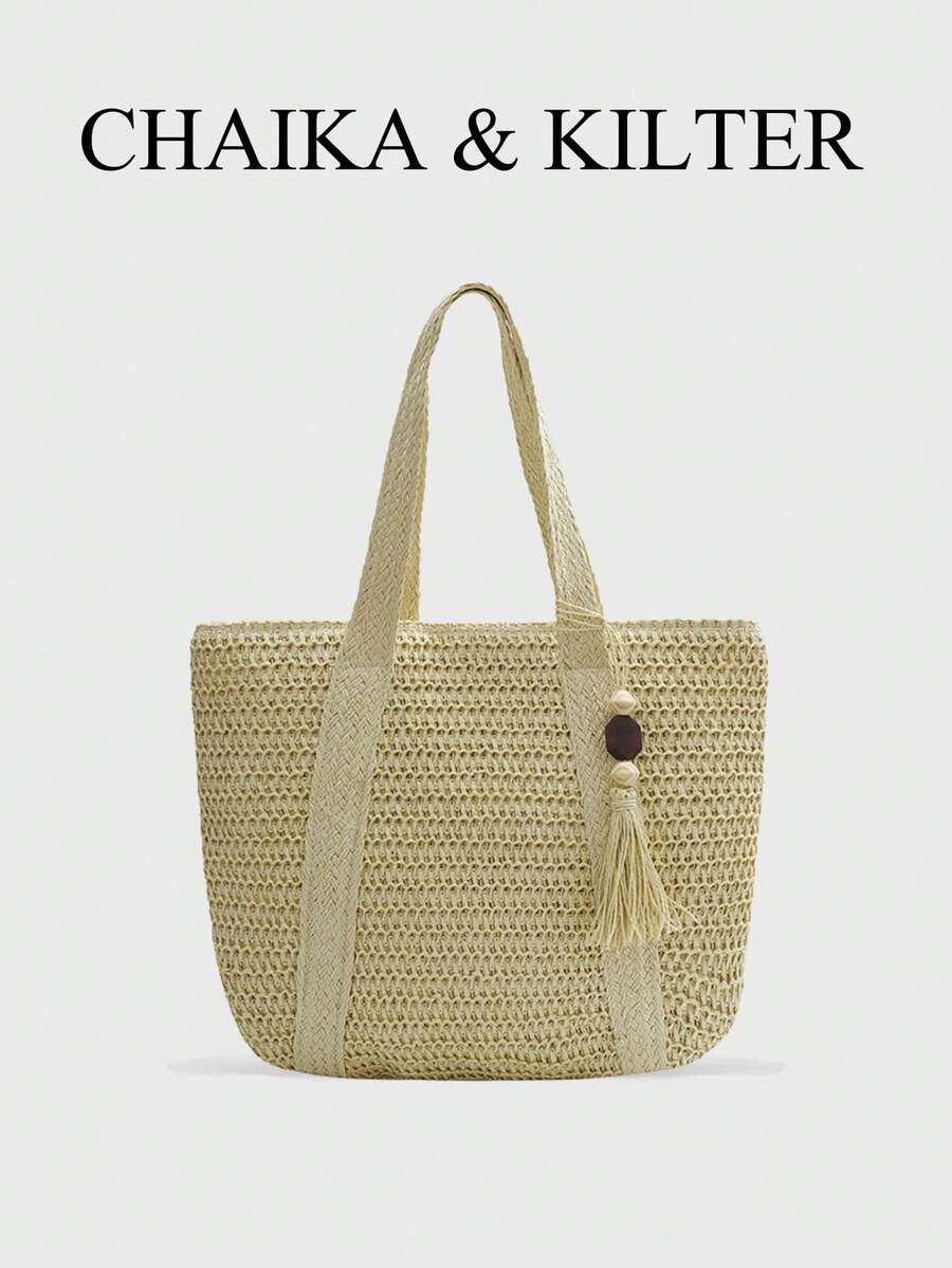 CHAIKA & KILTER 纯色单肩包，女士度假休闲大容量手提包，沙滩包，镂空草编，双提手设计，拉链封口，适合日常通勤和度假（附赠吊坠）