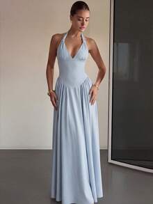 女士纯色针织双层A字性感优雅婚礼派对沙滩度假连衣裙 - 藍色 - 查看 6