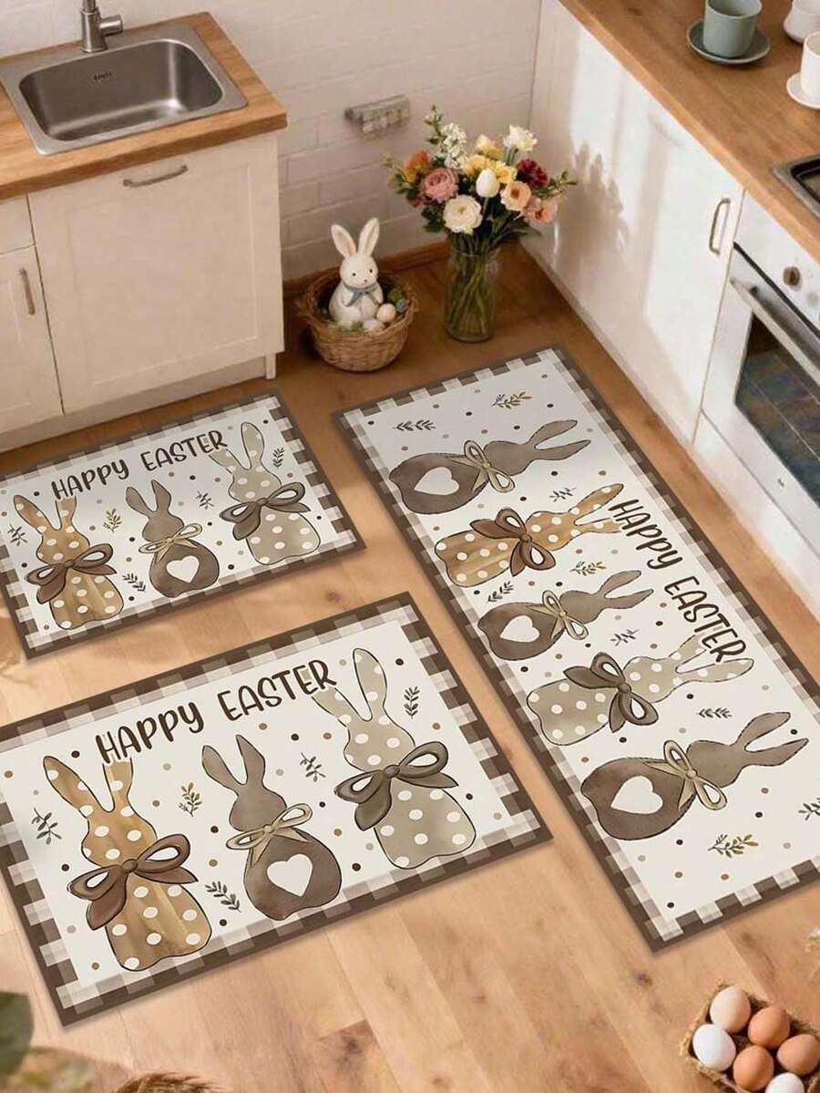 40*60cm/50*80cm/40*120cm Easter Bunny Kitchen Mat, Non-Slip Home Rug, Happy Easter Plaid Heart Rabbit Holiday Decor Carpet - Multicolor - View 1