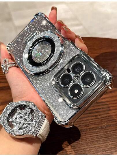 奢华电镀银边软TPU防震手机壳，内置水钻纸+可折叠无线充电支架，兼容 17 Pro Max、17 Pro、16 Pro Max、16 Pro、15 Pro Max、14 Pro Max、13、12、11、XS Max、11 Pro Max、Galaxy S26 Ultra、S26、S25 Ultra、S24 Ultra、S23 FE、S22、荣耀500、400 Pro、Mate 80、Pura 80、17 Pro Max、17 Pro、17、15 Pro Max