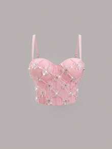 Fashionable Resort Style Handmade Sequin Patchwork Camisole Tank Top For Women Casual - Pink - View 8