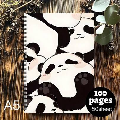 A Cute Panda Themed Spiral Notebook - An Excellent Gift For Panda Lovers, Ideal For Birthdays Or Back-To-School Season - Features Charming Cartoon Panda Designs With Playful Poses On A White Background, Perfect For Office Planning