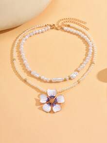 2pcs/Set Irregular Faux Pearl Handmade Beaded Necklace, Double-Layer Purple Glazed Flower Pendant Necklace, Versatile Design Suitable For Daily Wear, Dates, Parties And Music Festivals - Multicolor - View 3