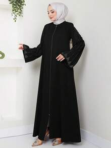 Áo choàng dài màu đen thanh lịch kiểu Âu và Trung Đông dành cho nữ, có khóa kéo, đính đá, tay dài, kiểu Abaya Jalabiya sang trọng. - màu đen - Xem 3